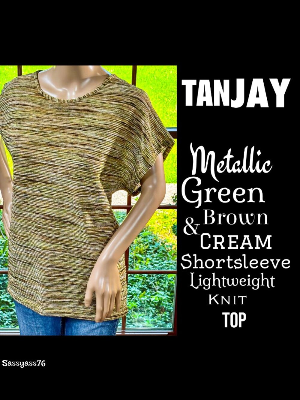 🆕TANJAY▪️Metallic Green Brown Cream Short Sleeve Lightweight Knit Top